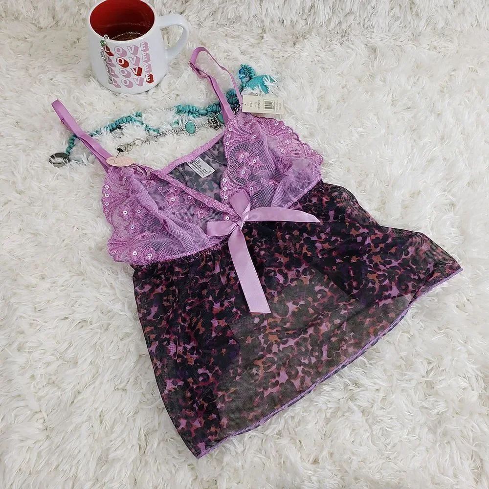 Spree M Purple Lace Mesh Babydoll Sequin & Short Triangle Intimates Bra